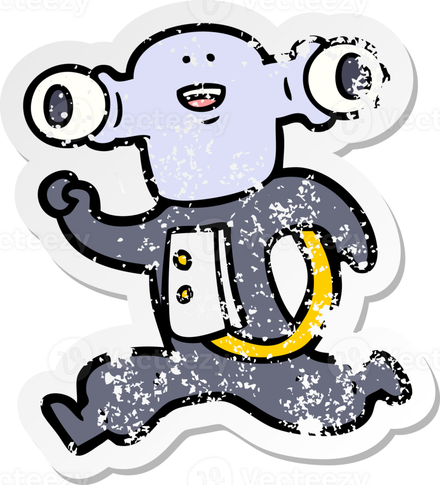 distressed sticker of a friendly cartoon alien running png