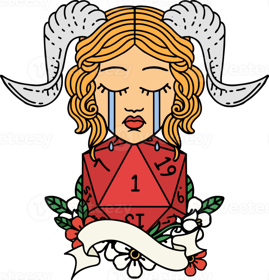 Retro Tattoo Style crying tiefling with natural one D20 roll png