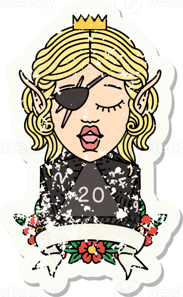 grunge sticker of a elf rogue character with natural twenty dice roll png