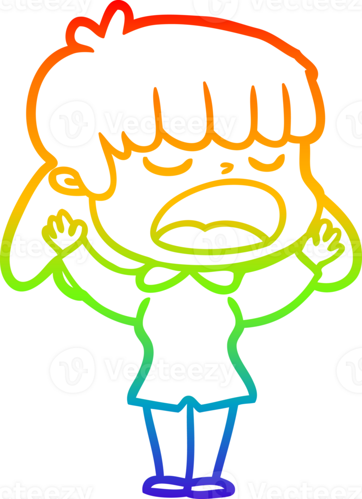 rainbow gradient line drawing of a cartoon woman talking loudly png