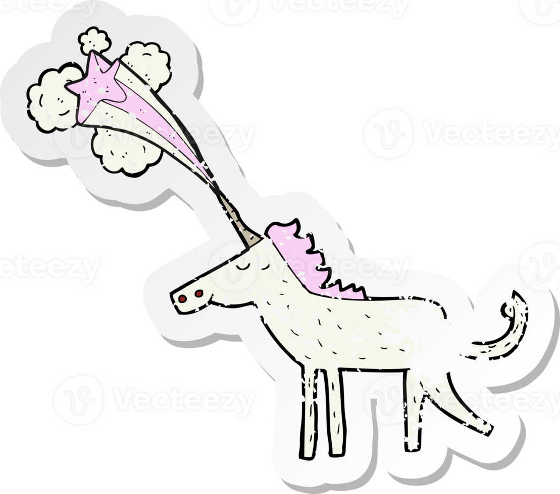retro distressed sticker of a cartoon magical unicorn png
