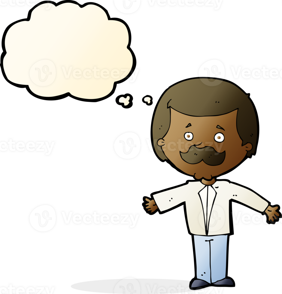 cartoon mustache man with open arms with thought bubble png