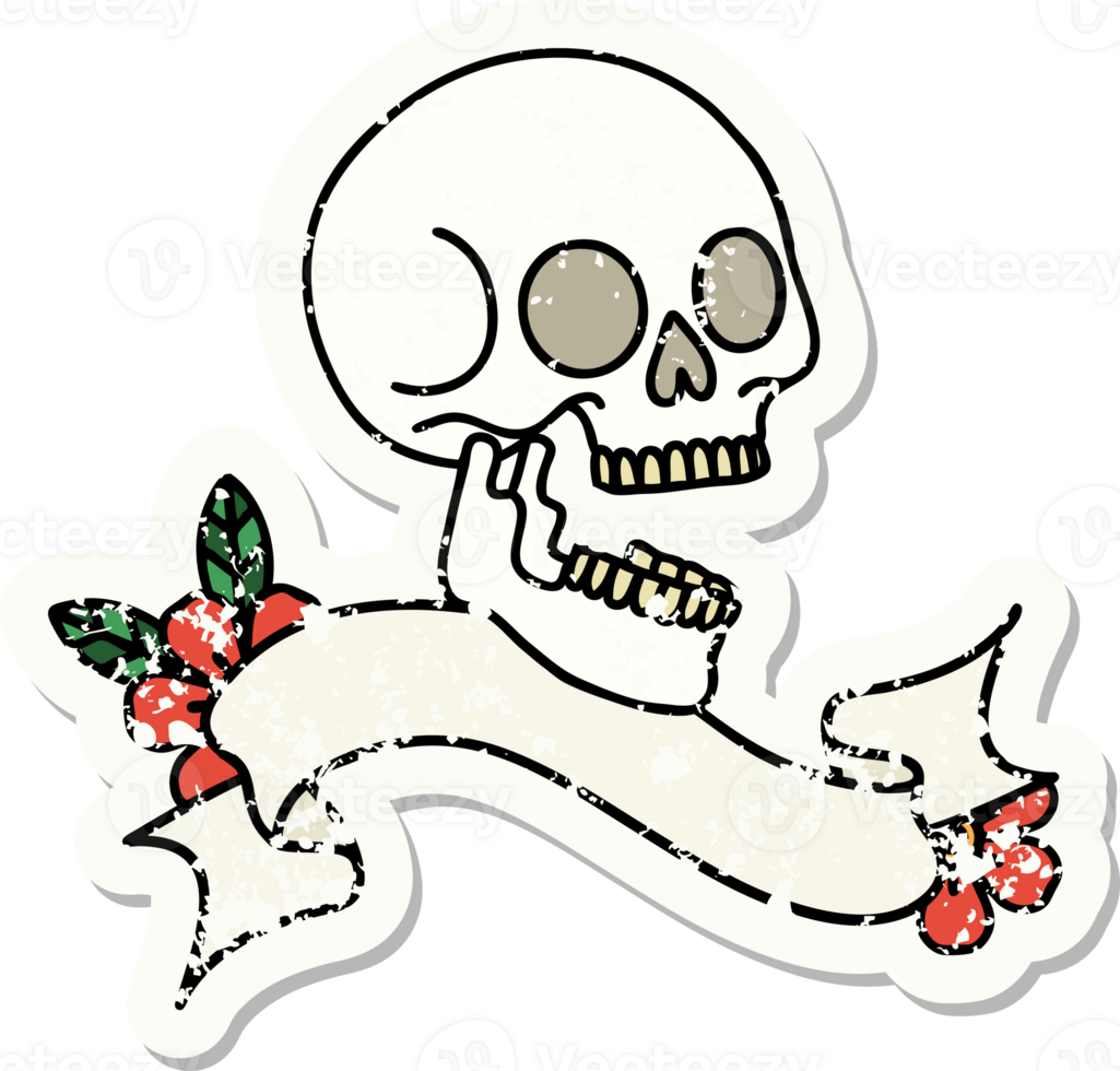 worn old sticker with banner of a skull png