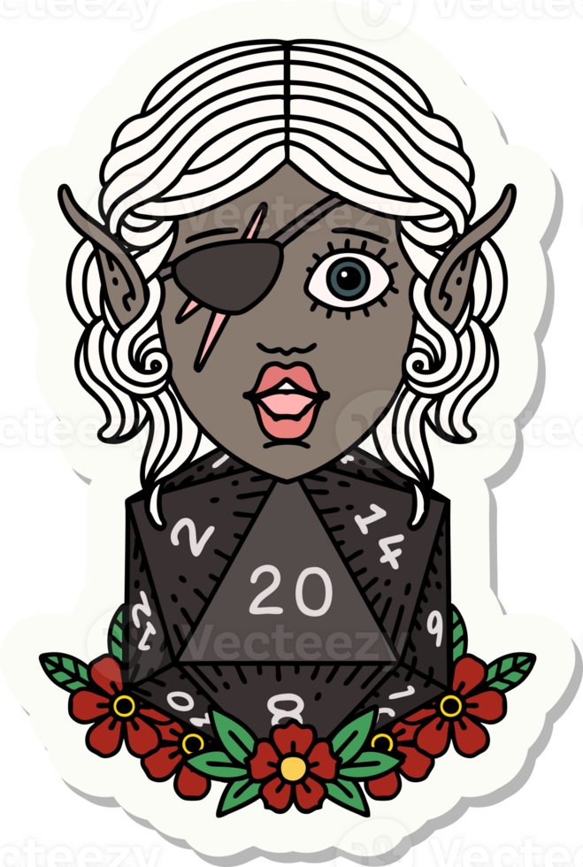 sticker of a elf rogue character with natural twenty dice roll png