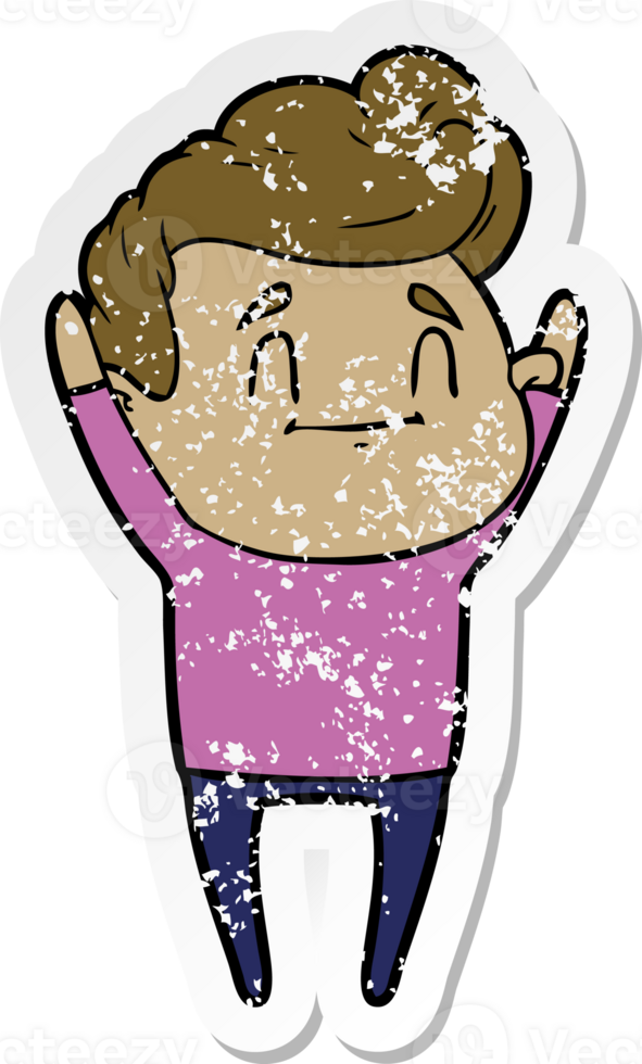 distressed sticker of a happy cartoon man png