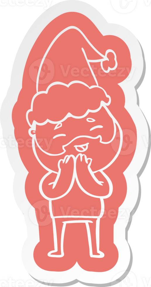 quirky cartoon  sticker of a happy bearded man wearing santa hat png