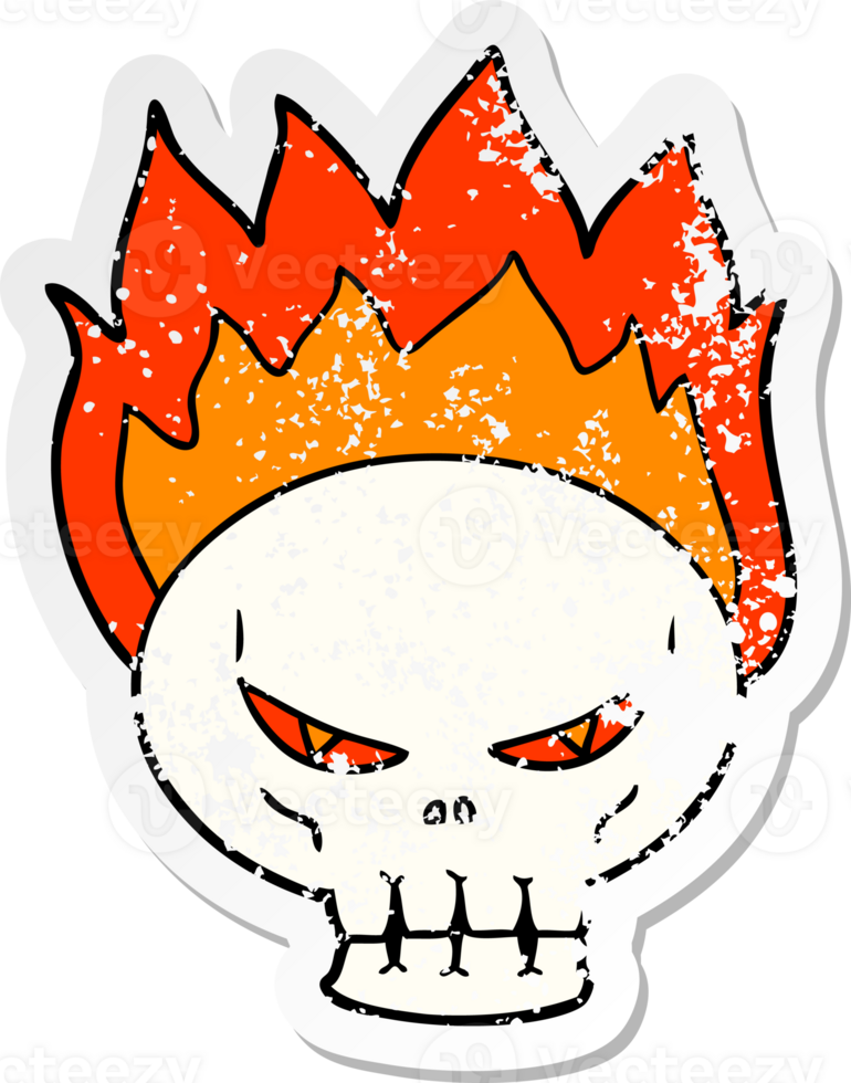 distressed sticker of a cartoon flaming skull png
