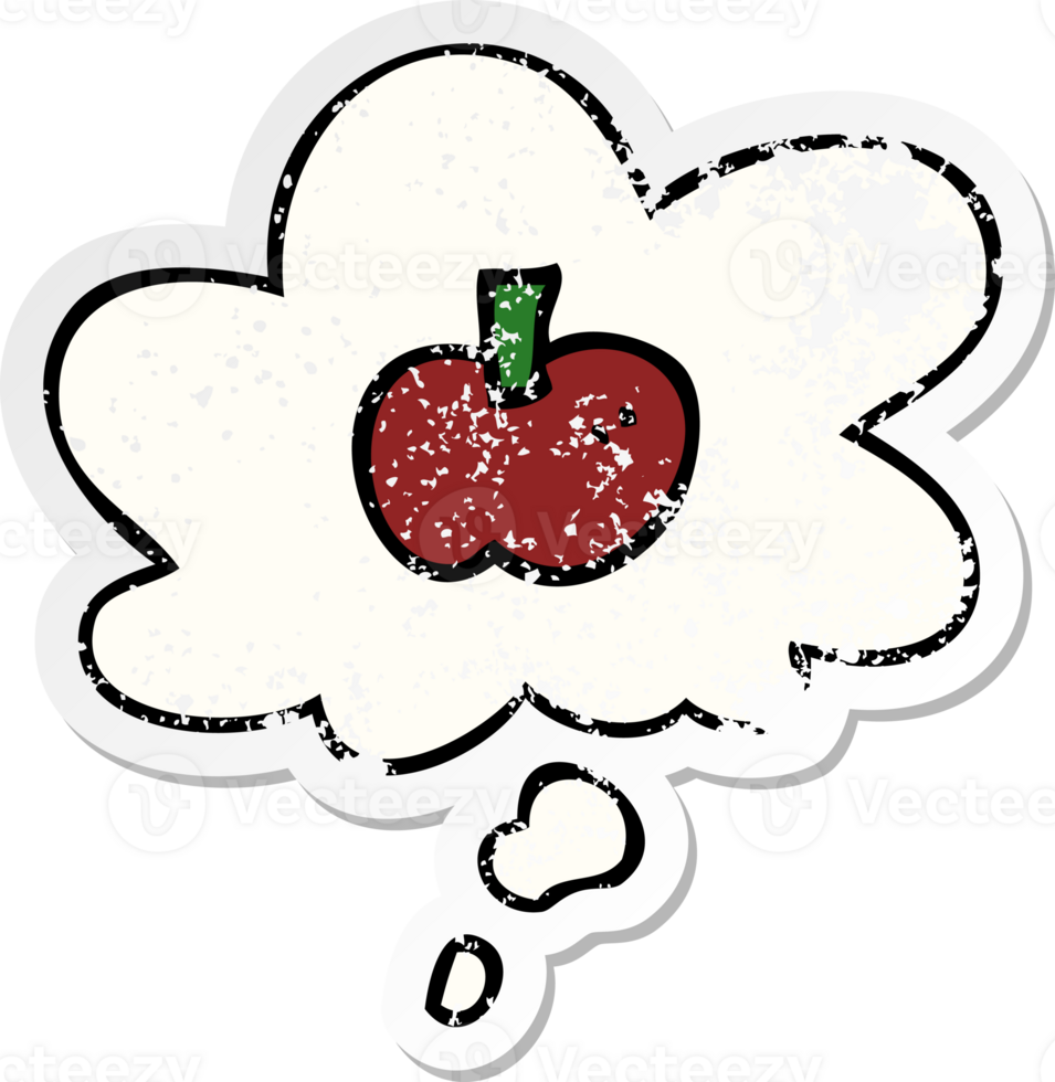 cartoon apple symbol with thought bubble as a distressed worn sticker png