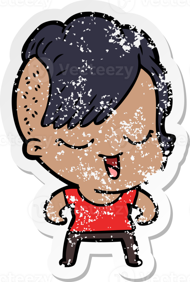 distressed sticker of a happy cartoon girl png