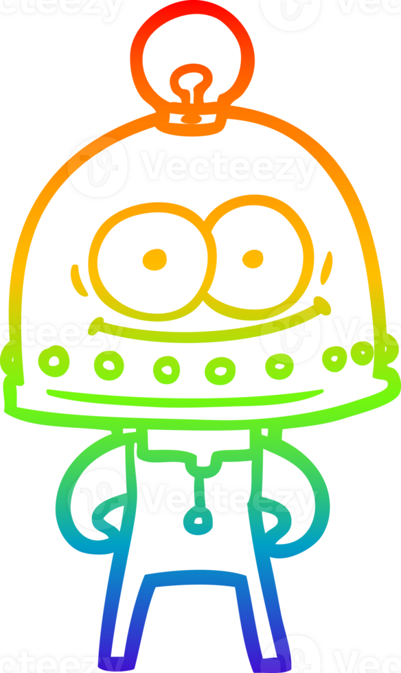 rainbow gradient line drawing of a happy carton robot with light bulb png