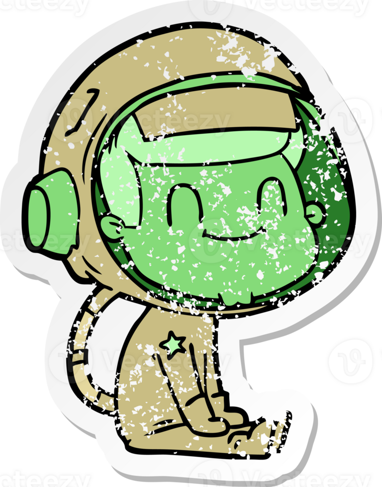 distressed sticker of a happy cartoon astronaut png