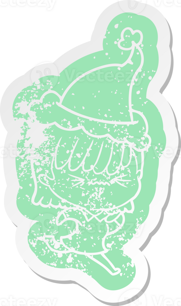 annoyed quirky cartoon distressed sticker of a girl wearing santa hat png