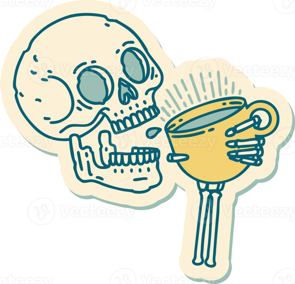 sticker of tattoo in traditional style of a skull drinking coffee png