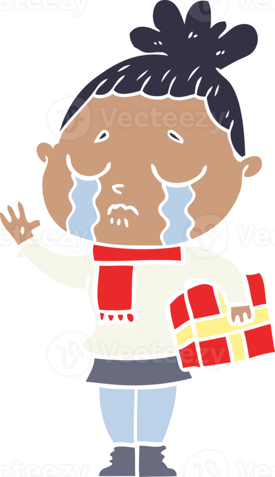 flat color style cartoon crying woman with christmas gift png