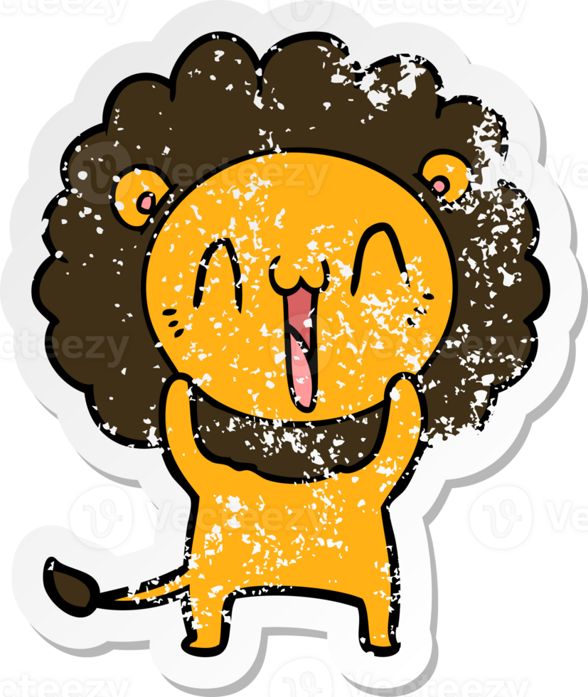 distressed sticker of a happy cartoon lion png