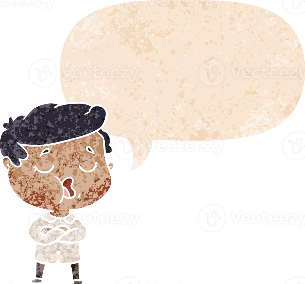 cartoon man talking with speech bubble in grunge distressed retro textured style png