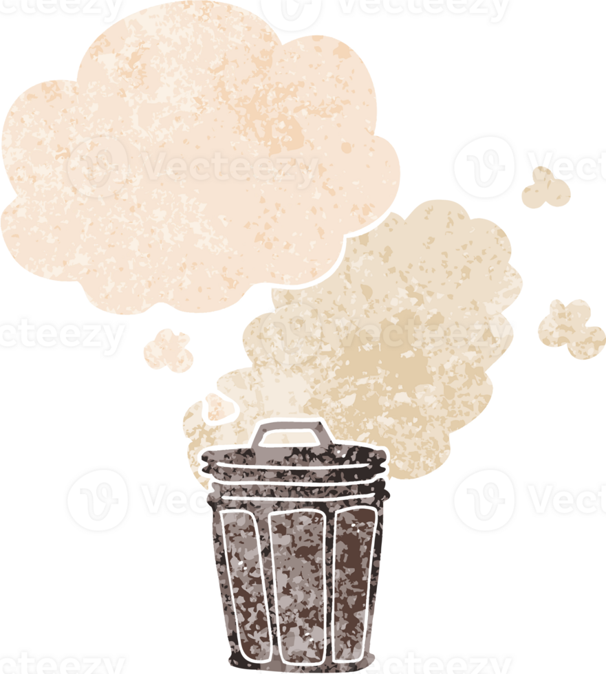 cartoon stinky garbage can with thought bubble in grunge distressed retro textured style png