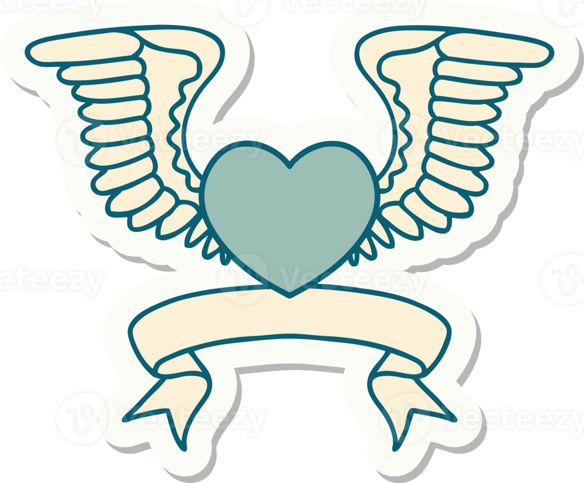 tattoo style sticker with banner of a heart with wings png