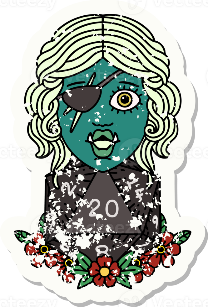Retro Tattoo Style half orc rogue with natural 20 dice roll png