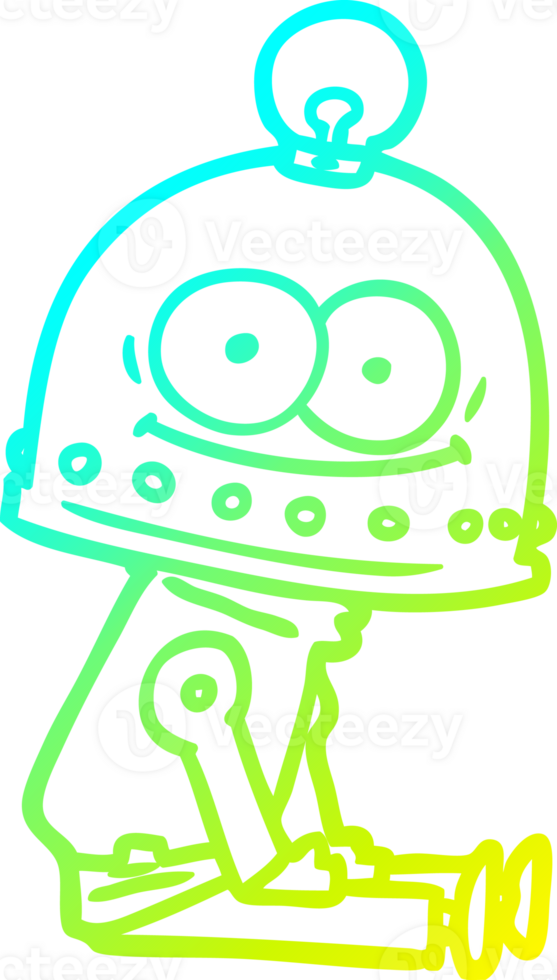 cold gradient line drawing of a happy carton robot with light bulb png