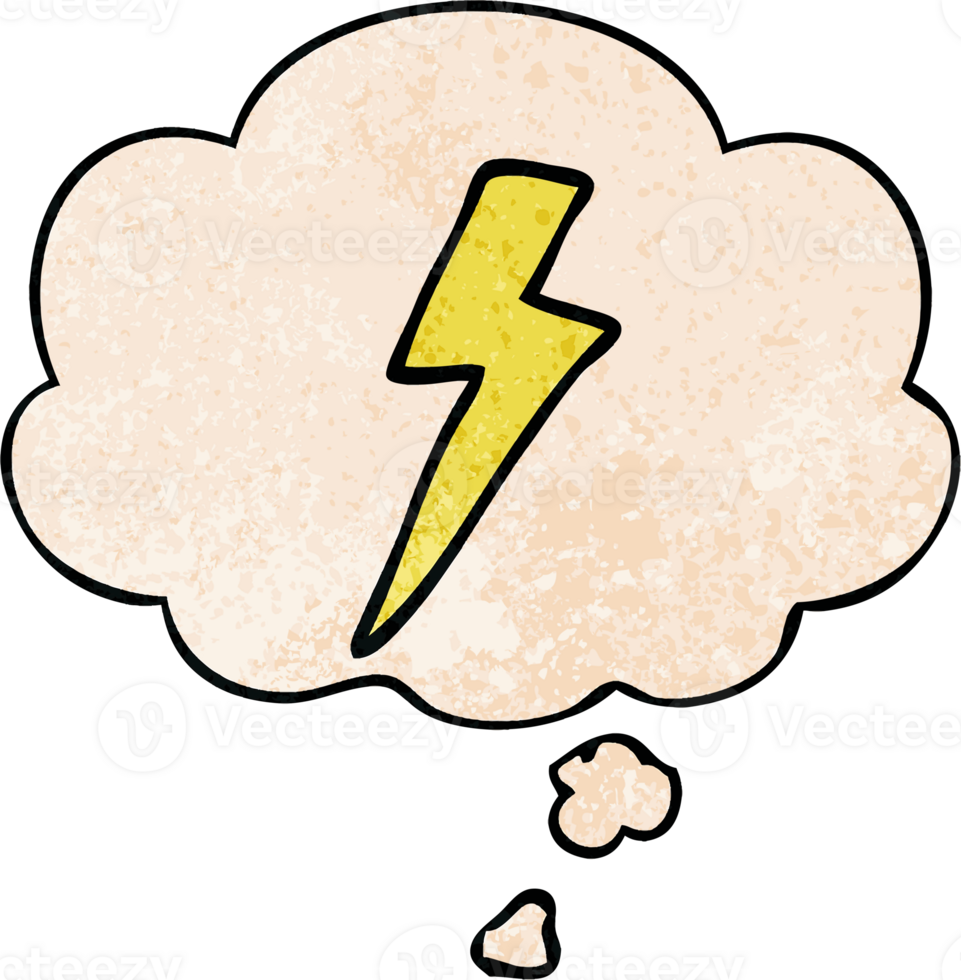 cartoon lightning bolt with thought bubble in grunge texture style png