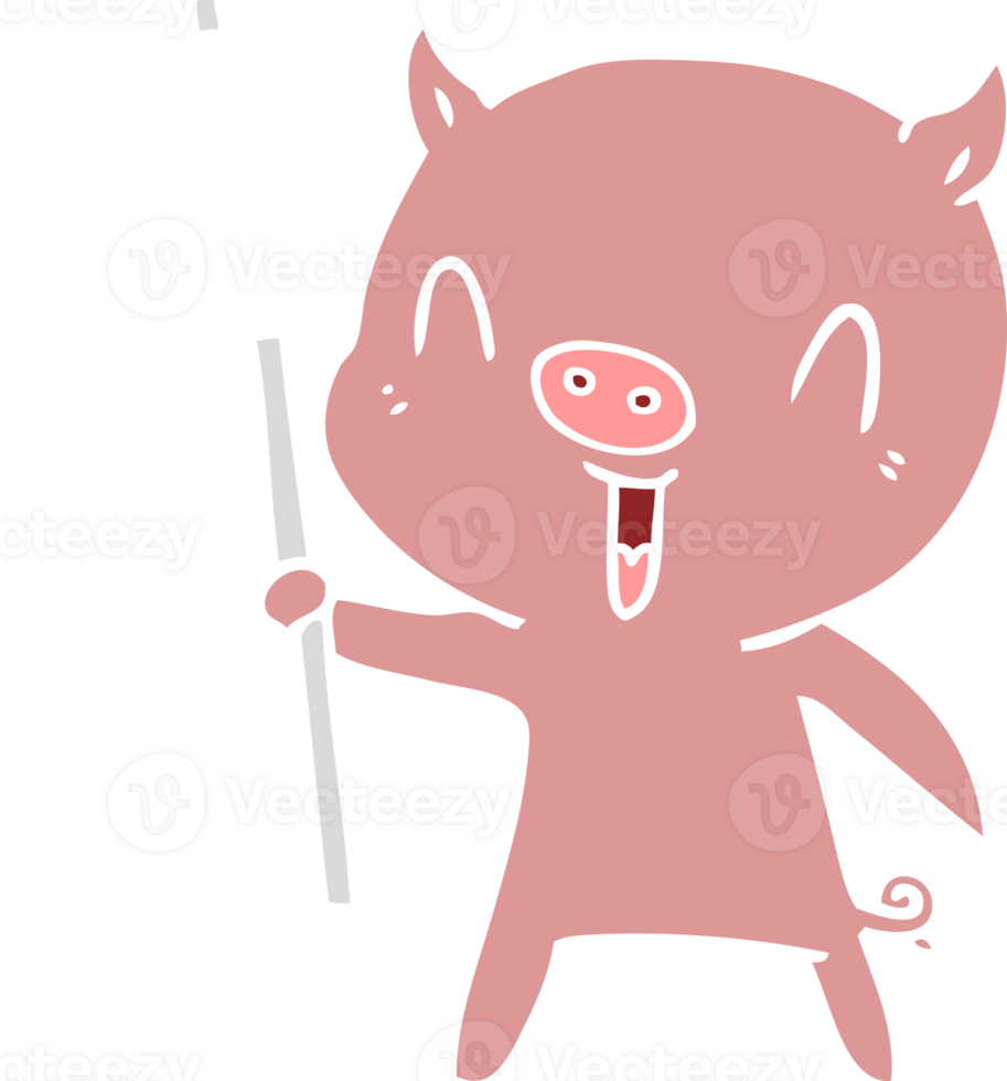 happy flat color style cartoon pig with sign post png