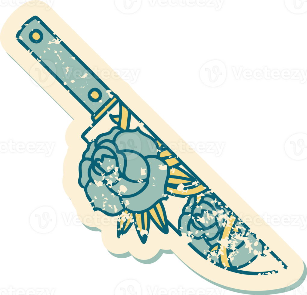 iconic distressed sticker tattoo style image of a dagger and flowers png