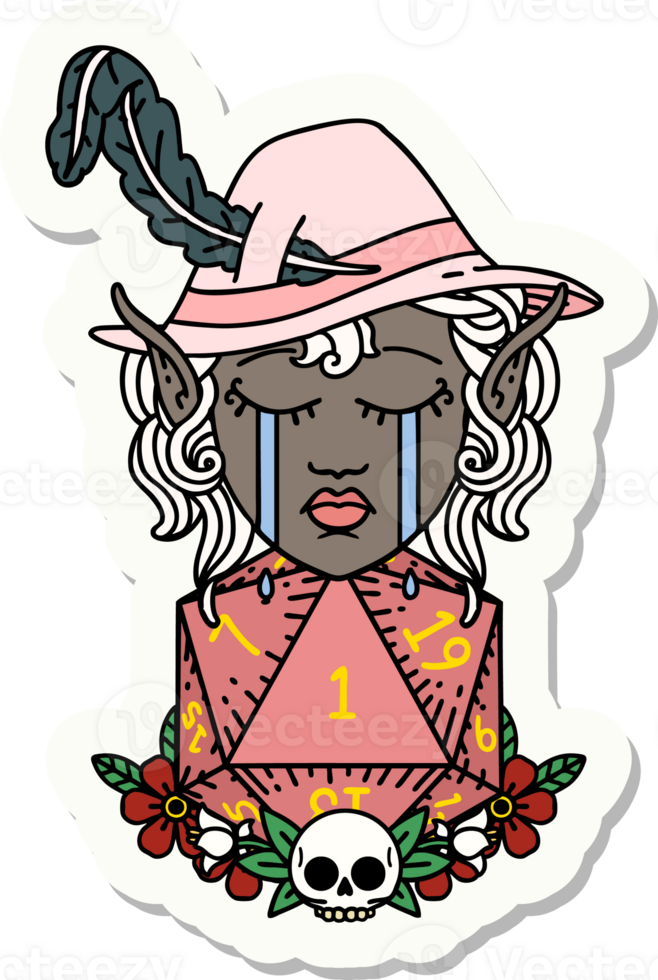 sticker of a crying elf bard character with natural one D20 roll png
