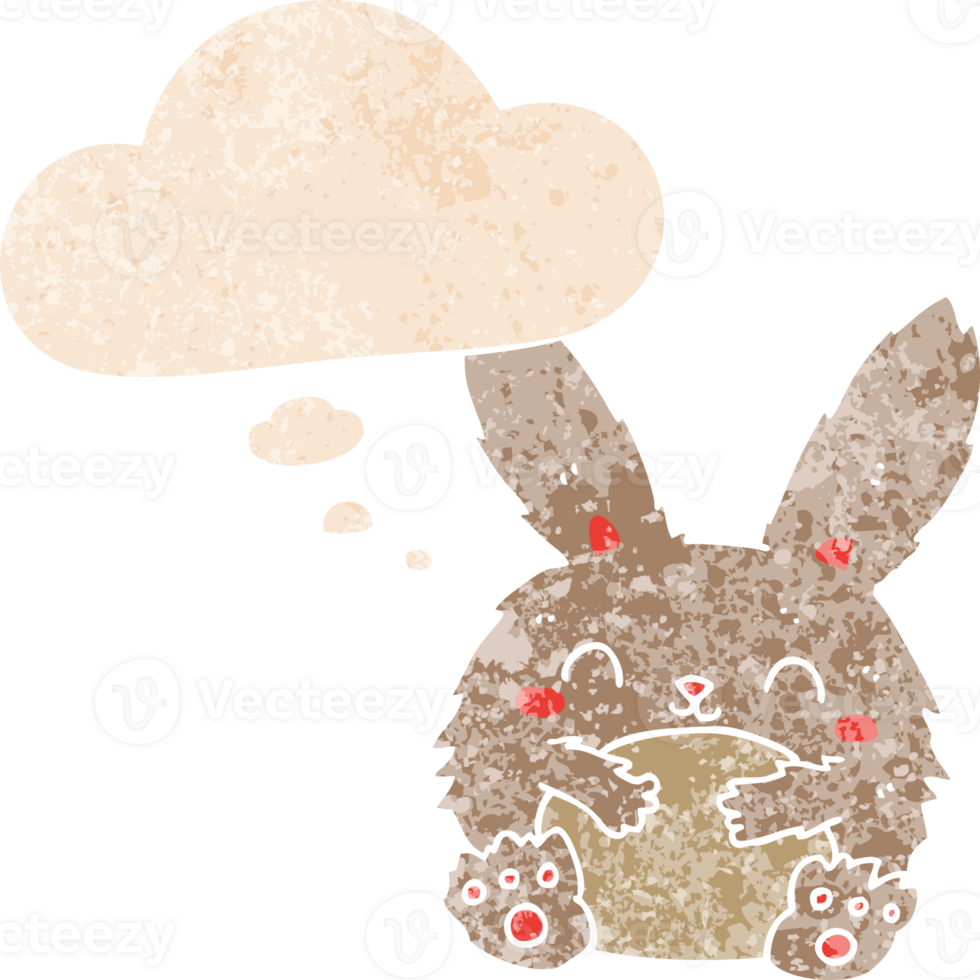 cute cartoon rabbit with thought bubble in grunge distressed retro textured style png