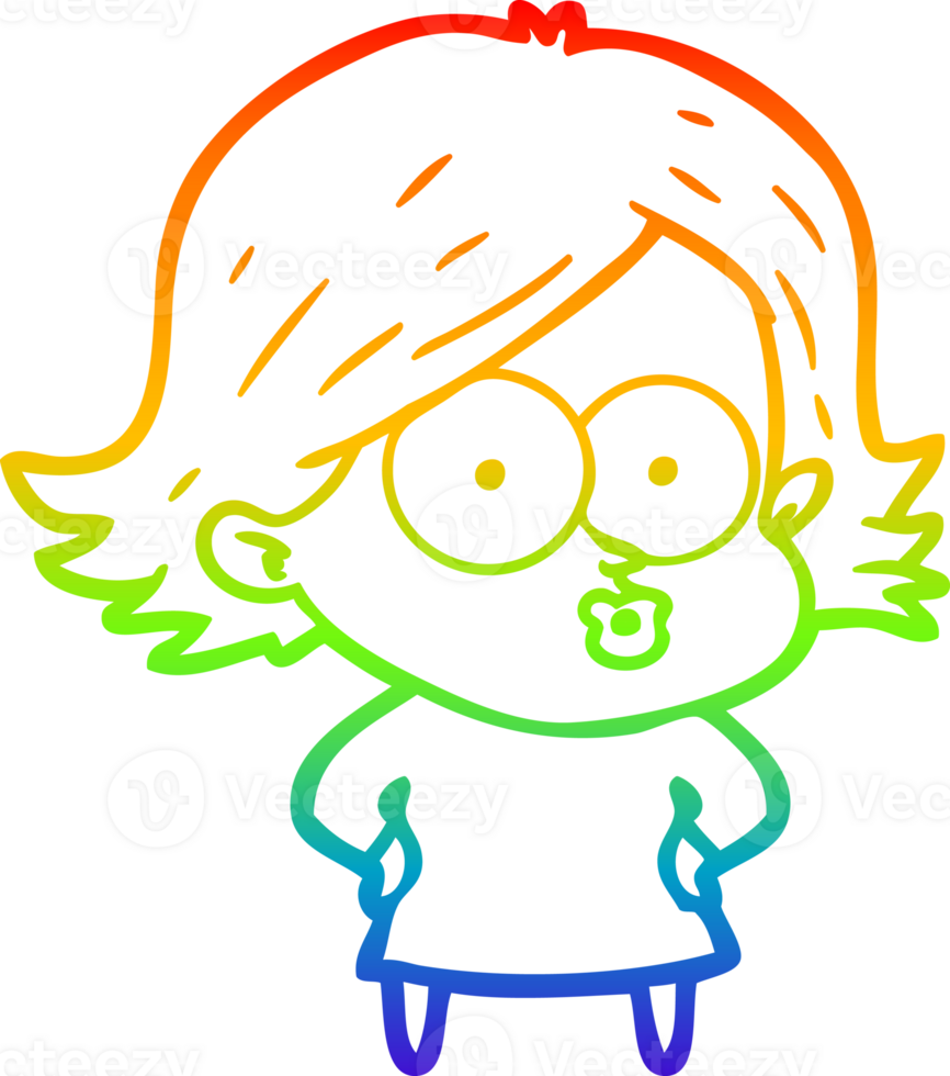 rainbow gradient line drawing of a cartoon girl pouting png