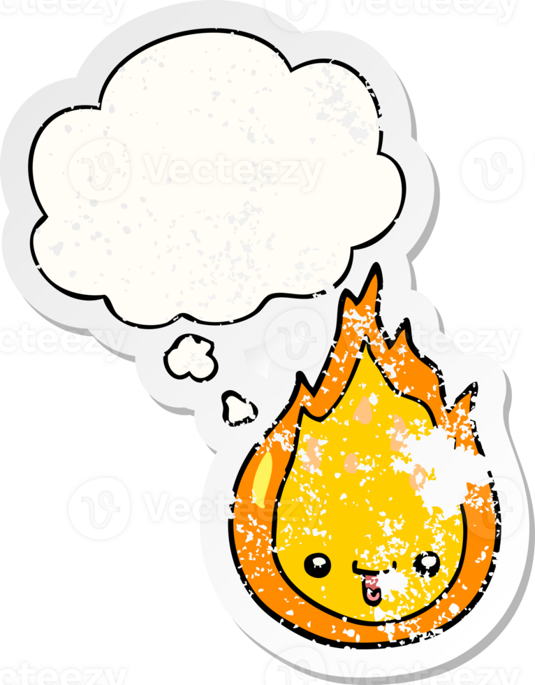 cartoon flame with thought bubble as a distressed worn sticker png