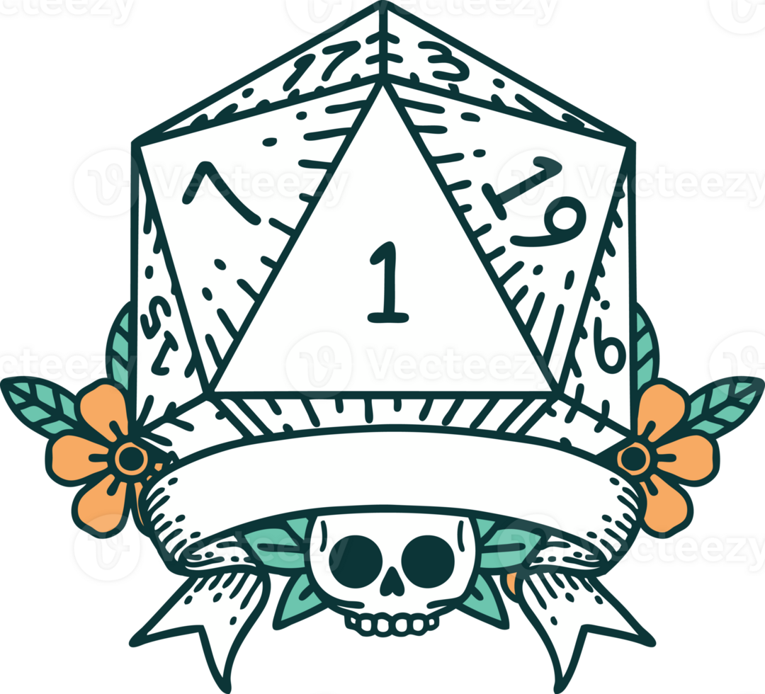 Retro Tattoo Style natural one d20 dice roll png