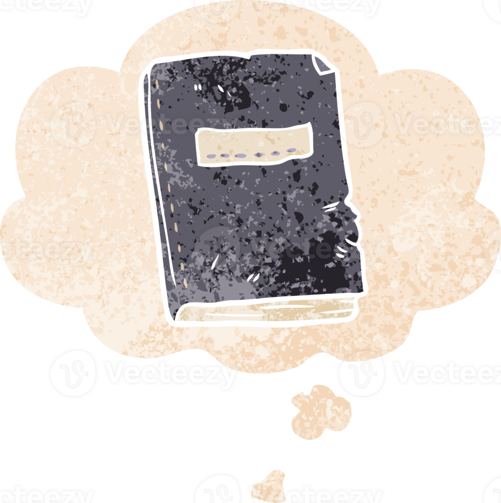 cartoon battered old notebook with thought bubble in grunge distressed retro textured style png