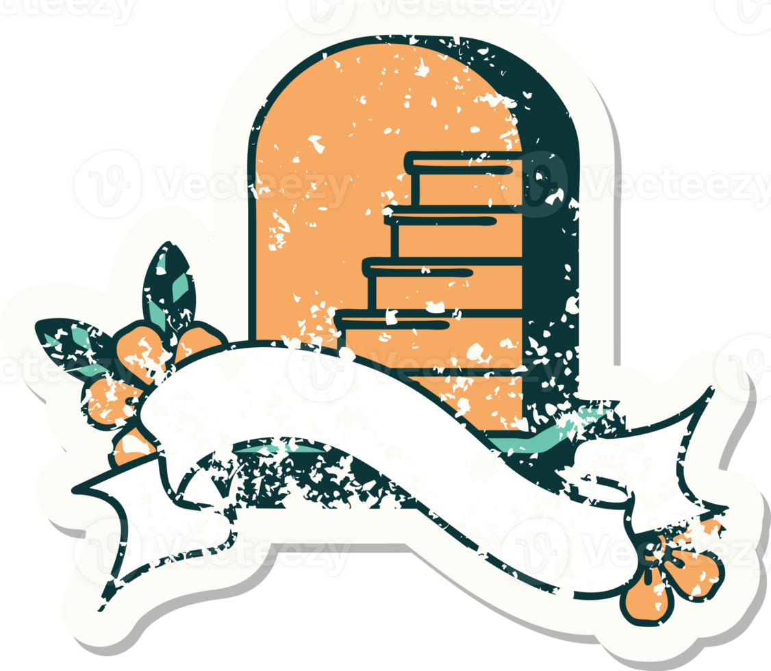 worn old sticker with banner of a grave stone png