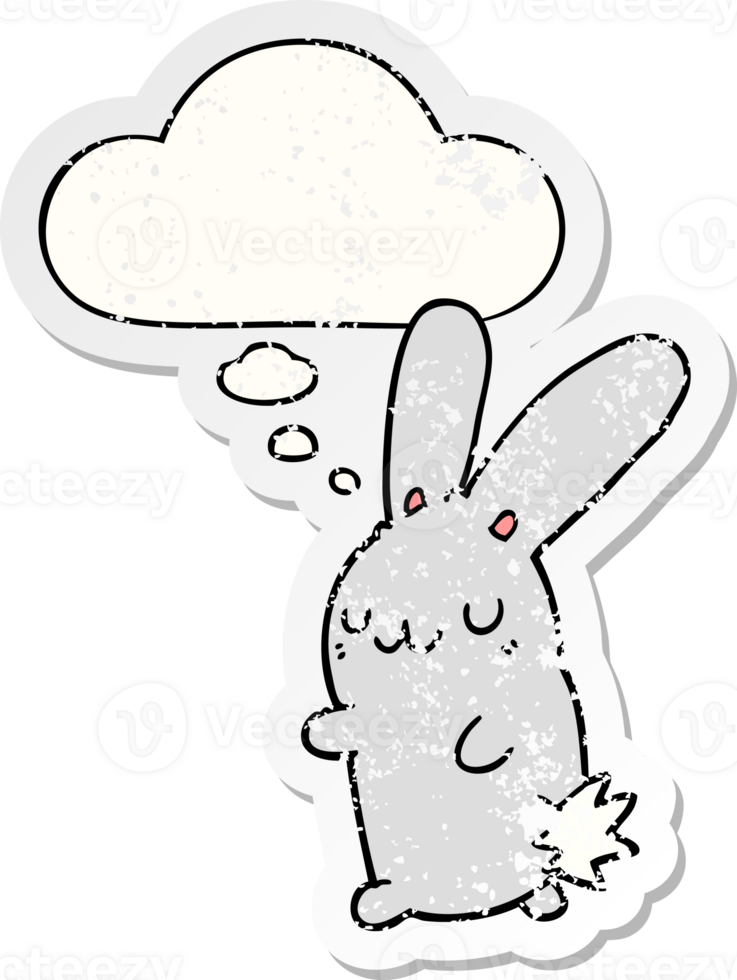 cute cartoon rabbit with thought bubble as a distressed worn sticker png