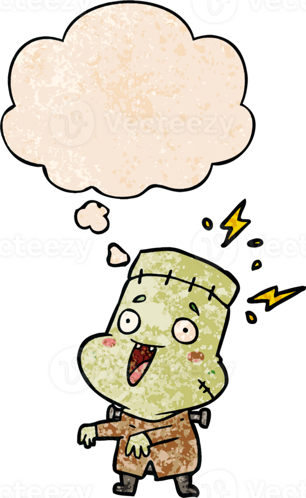 cartoon undead monster man with thought bubble in grunge texture style png