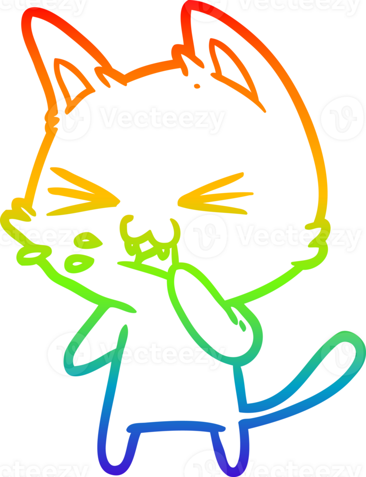 rainbow gradient line drawing of a cartoon cat hissing png