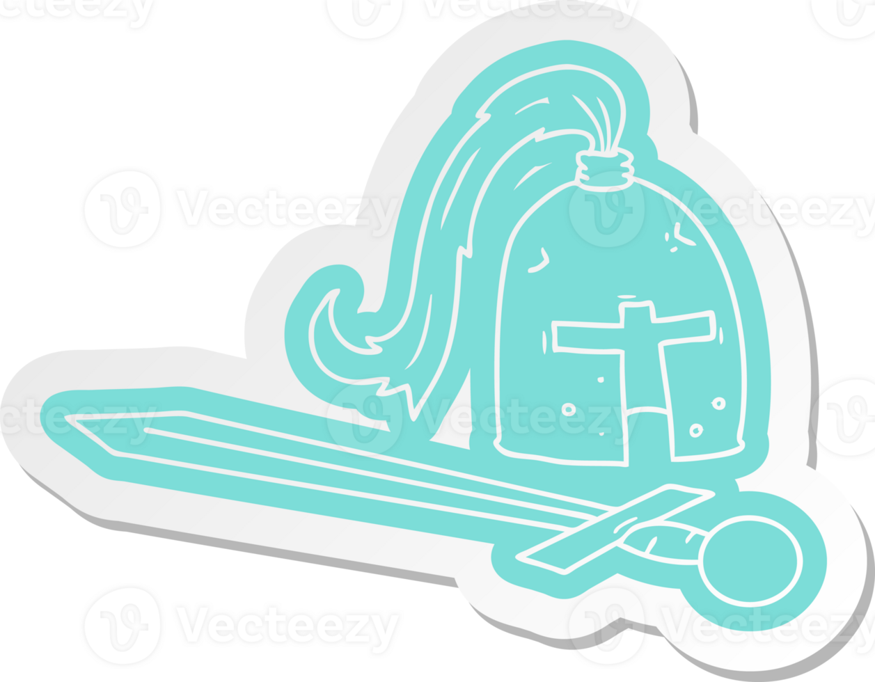 cartoon sticker of a medieval helmet and sword png