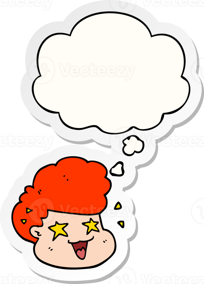 cartoon excited boy with thought bubble as a printed sticker png