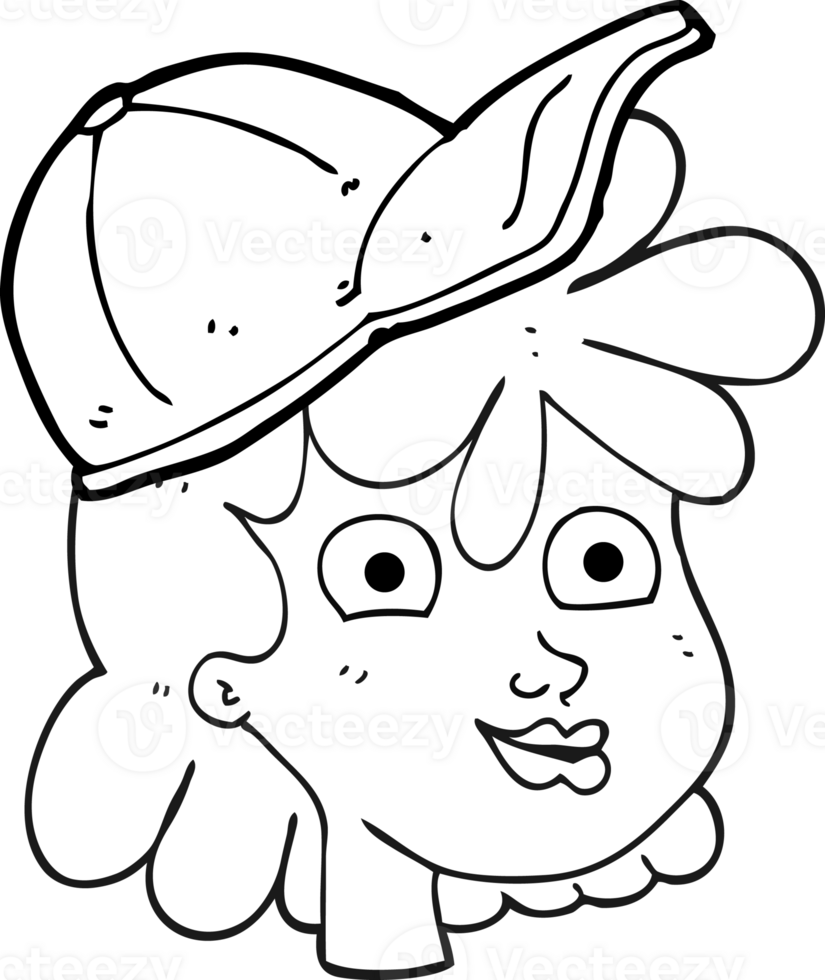 hand drawn black and white cartoon woman wearing cap png