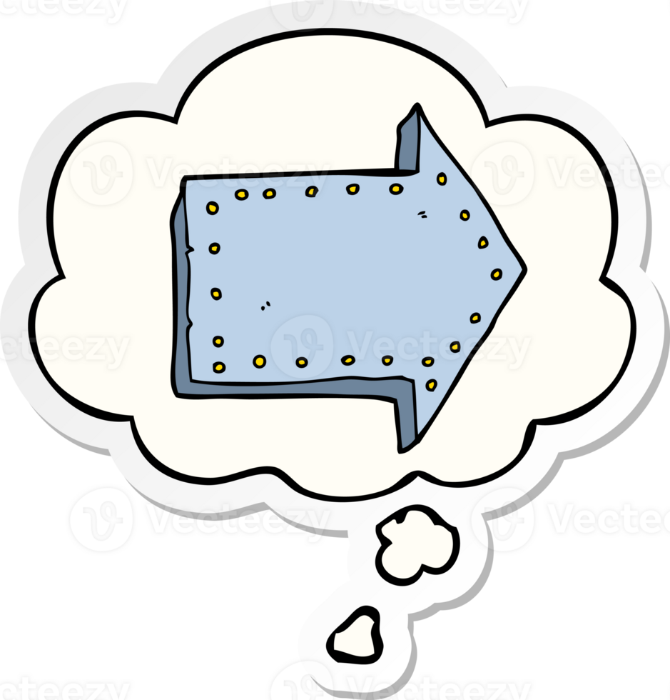 cartoon pointing arrow with thought bubble as a printed sticker png