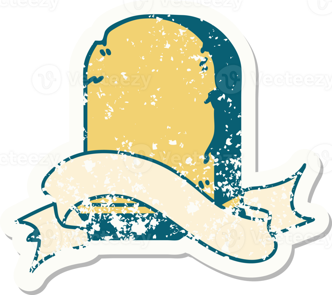 worn old sticker with banner of a grave stone png