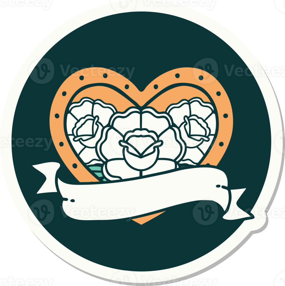 sticker of tattoo in traditional style of a heart and banner with flowers png