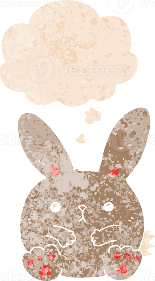 cartoon rabbit with thought bubble in grunge distressed retro textured style png