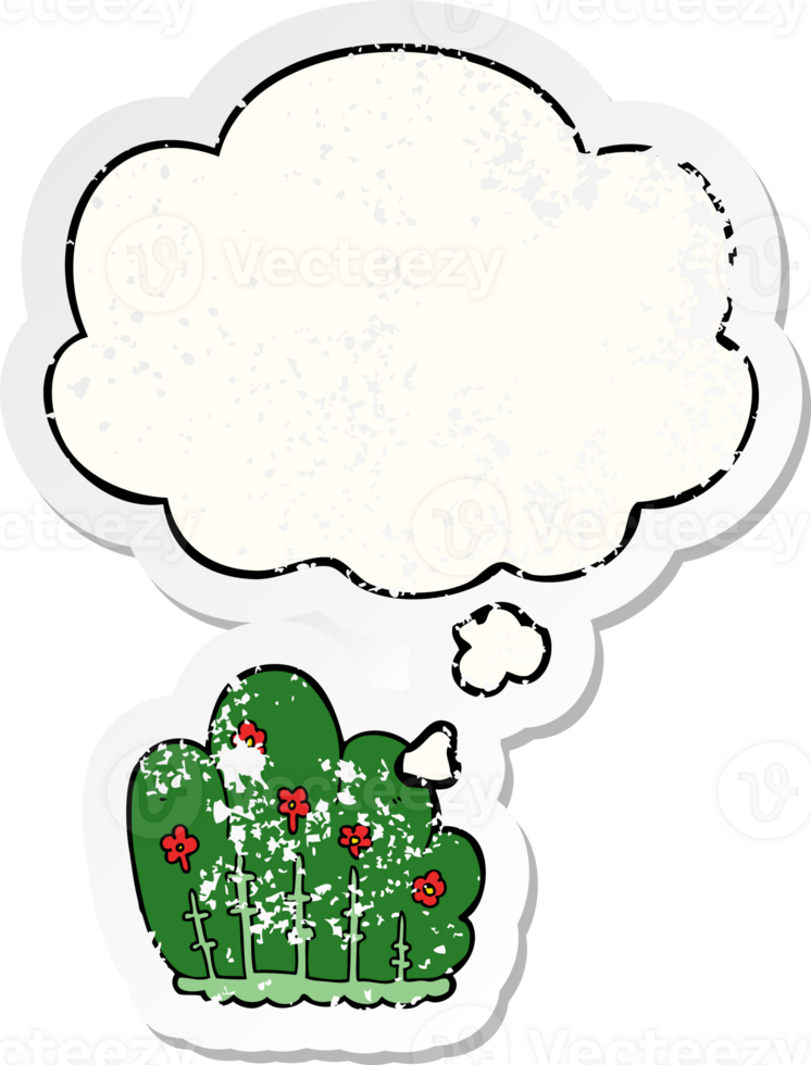 cartoon hedge with thought bubble as a distressed worn sticker png