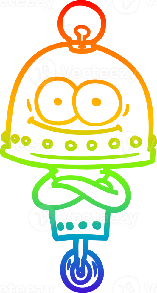 rainbow gradient line drawing of a happy carton robot with light bulb png