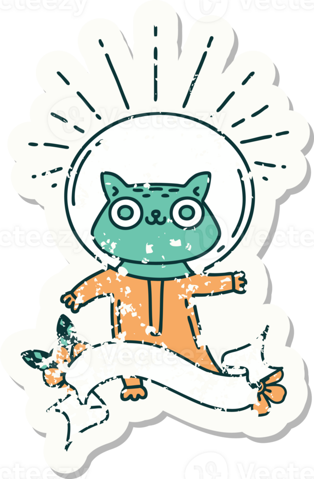 worn old sticker of a tattoo style cat in astronaut suit png