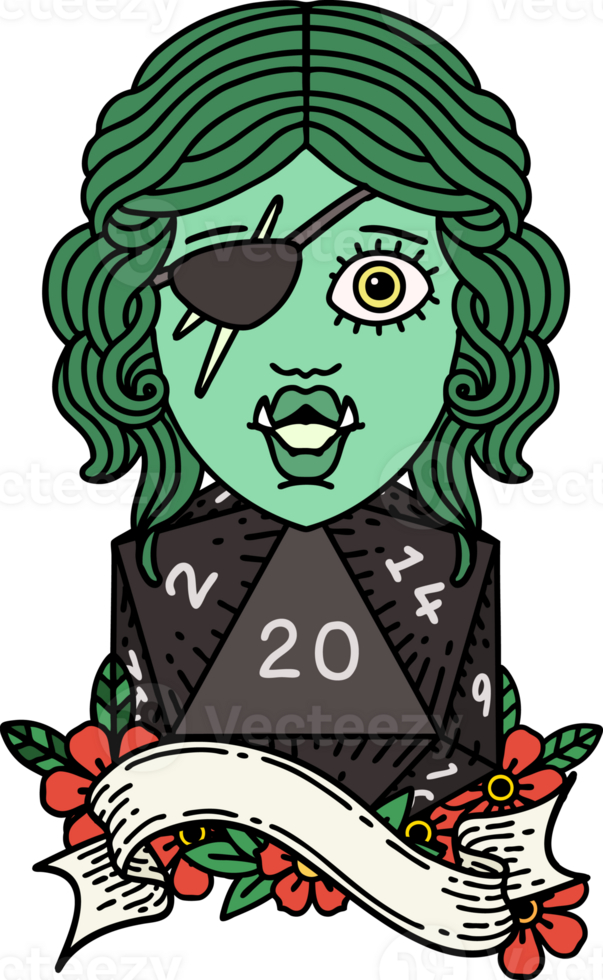 Retro Tattoo Style orc rogue character with natural twenty dice roll png