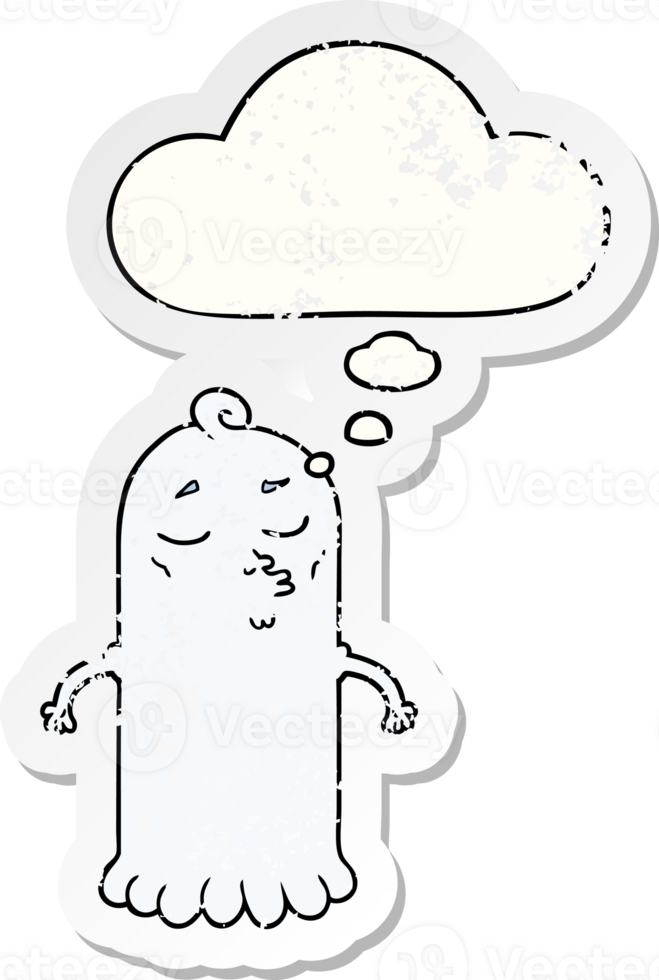 cartoon ghost with thought bubble as a distressed worn sticker png