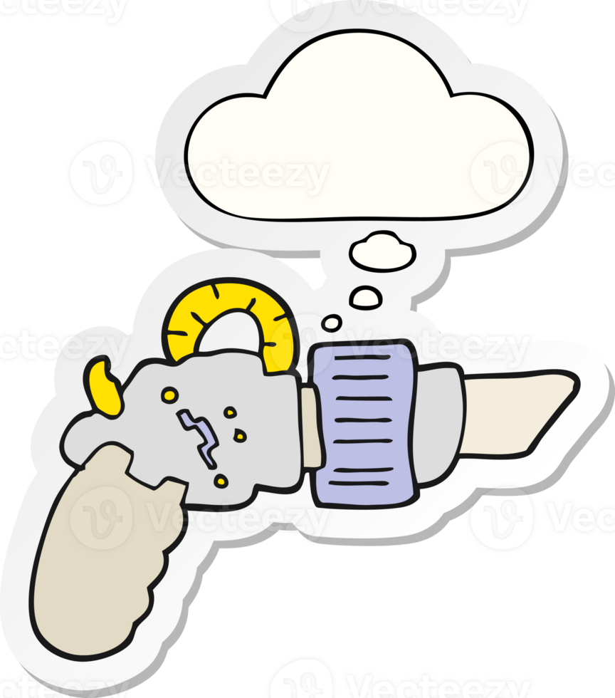 cartoon ray gun with thought bubble as a printed sticker png